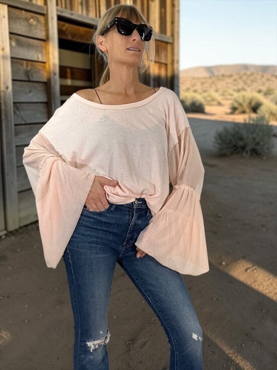 Free People Tops - Free People Still Got It Tee Top S Pink Oversized Mesh Bell Sleeves